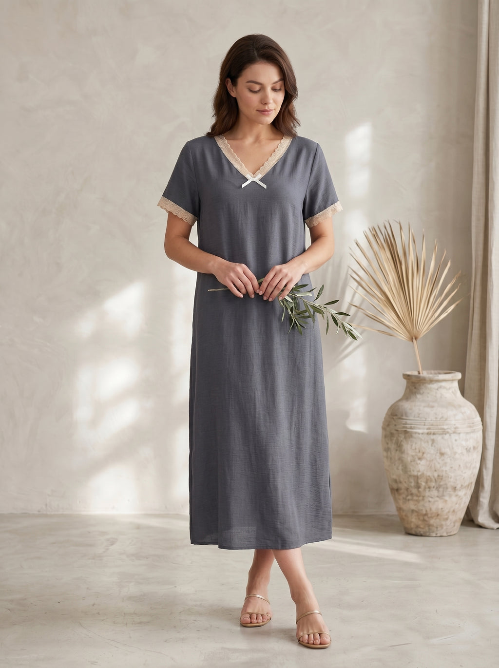 Lace-Trim V-Neck Maxi Dress