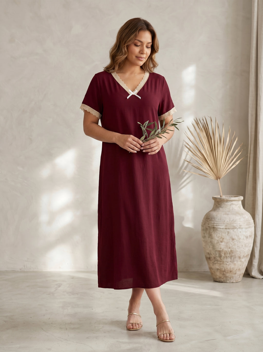 Lace-Trim V-Neck Maxi Dress