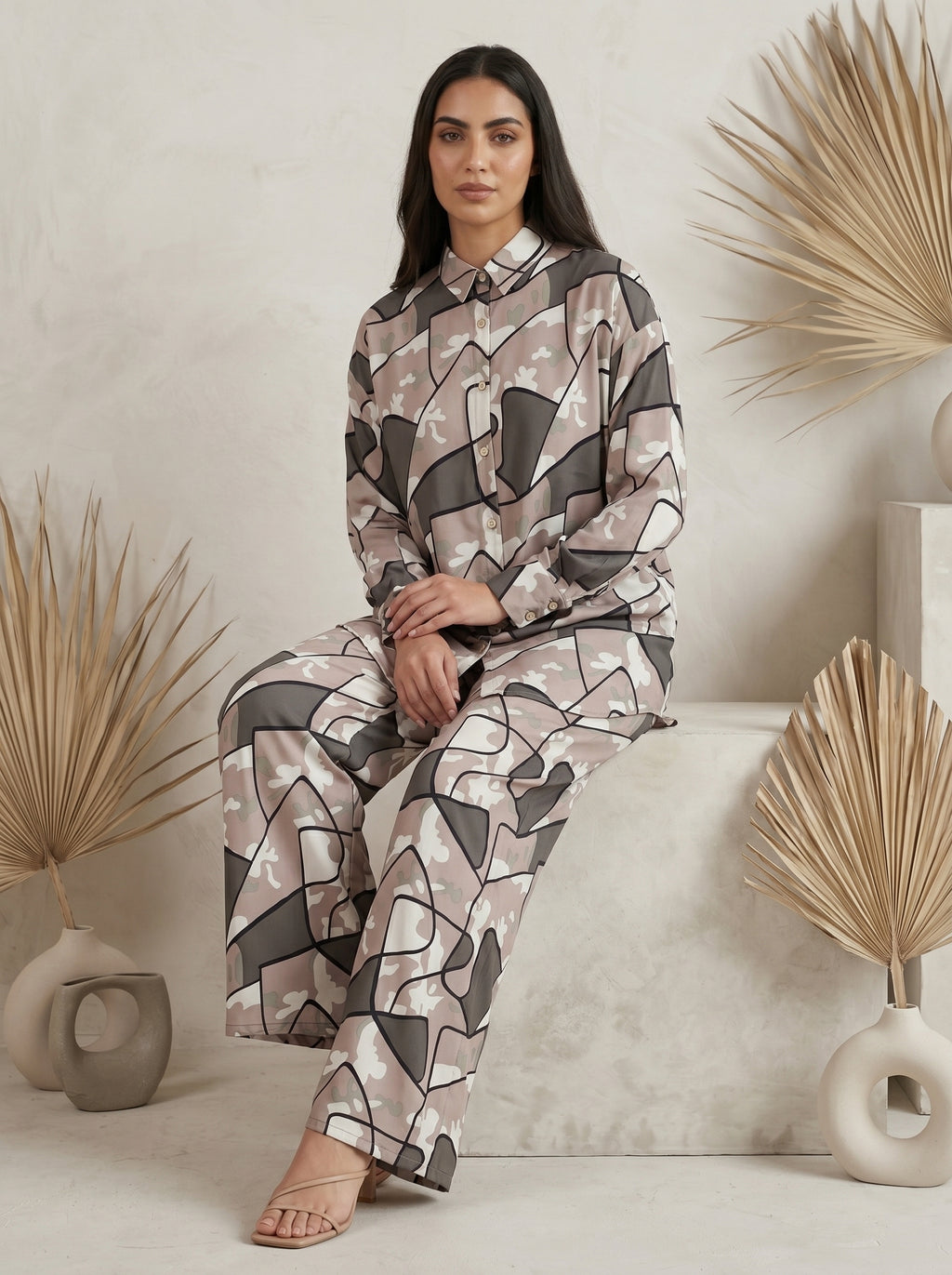 Geometric Abstract Print Button-Down Co-Ord Set