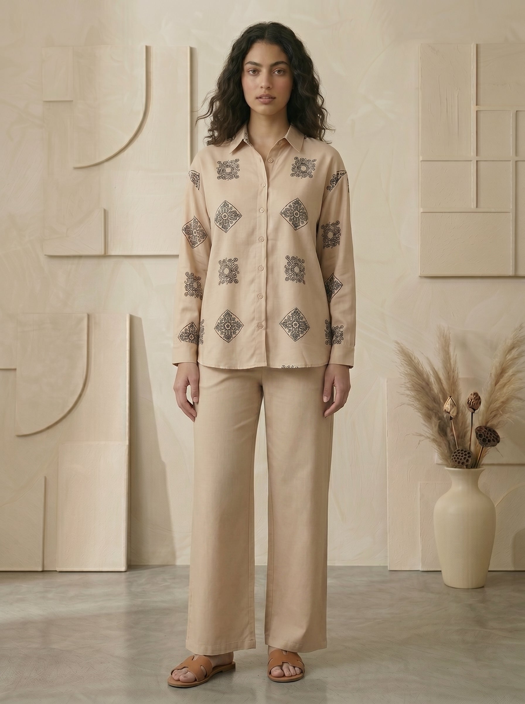 Serene Tailored Silhouette Long-Sleeve Daywear Set