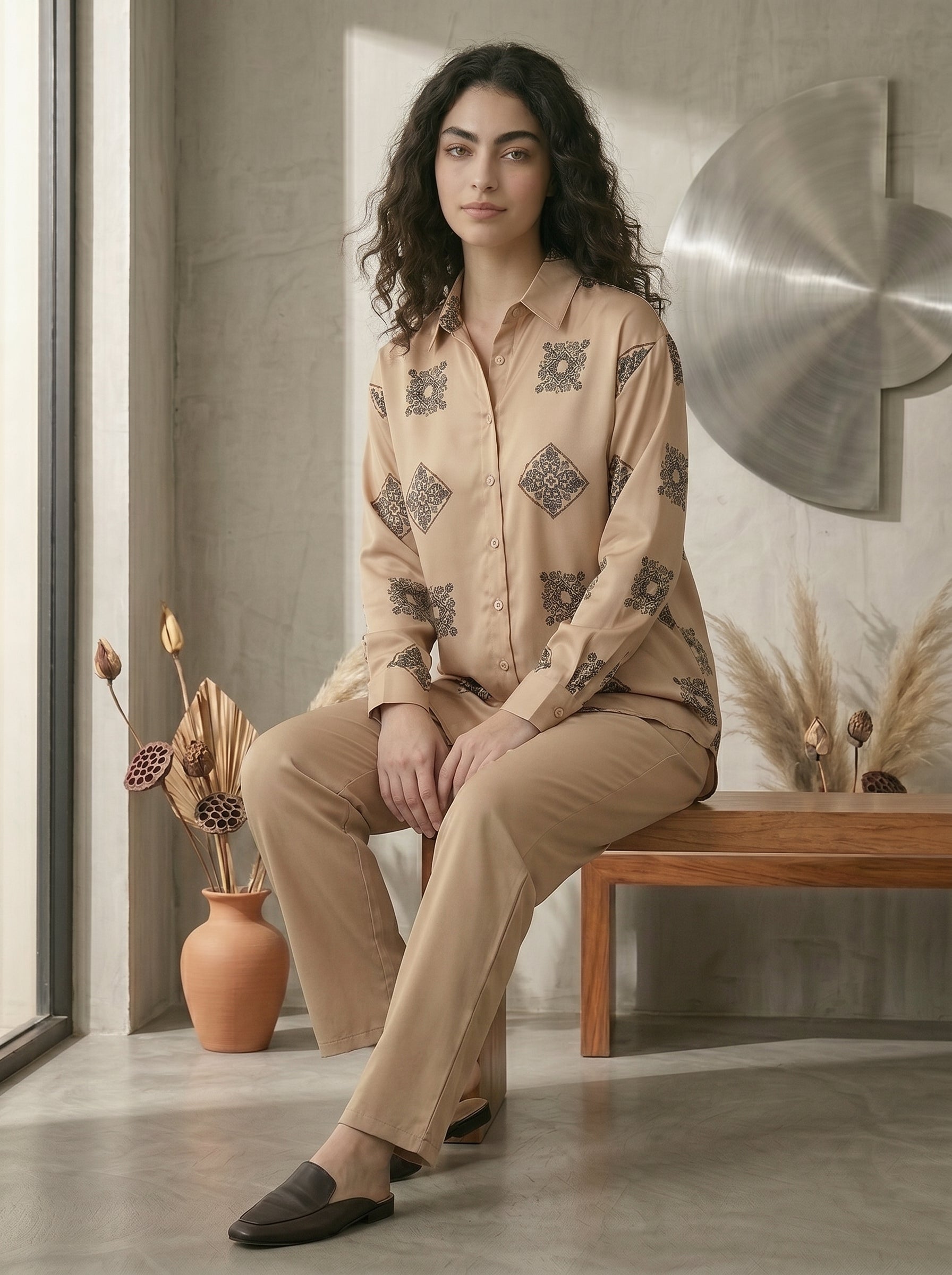 Serene Tailored Silhouette Long-Sleeve Daywear Set